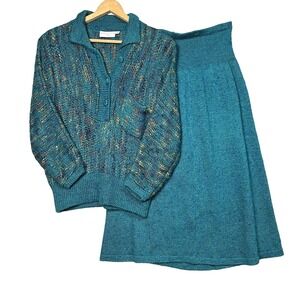 Vintage Sweater Set Skirt MARIA RODRIGUEZ Teal Blue‎ & Green Chunky Knit 70s 60s